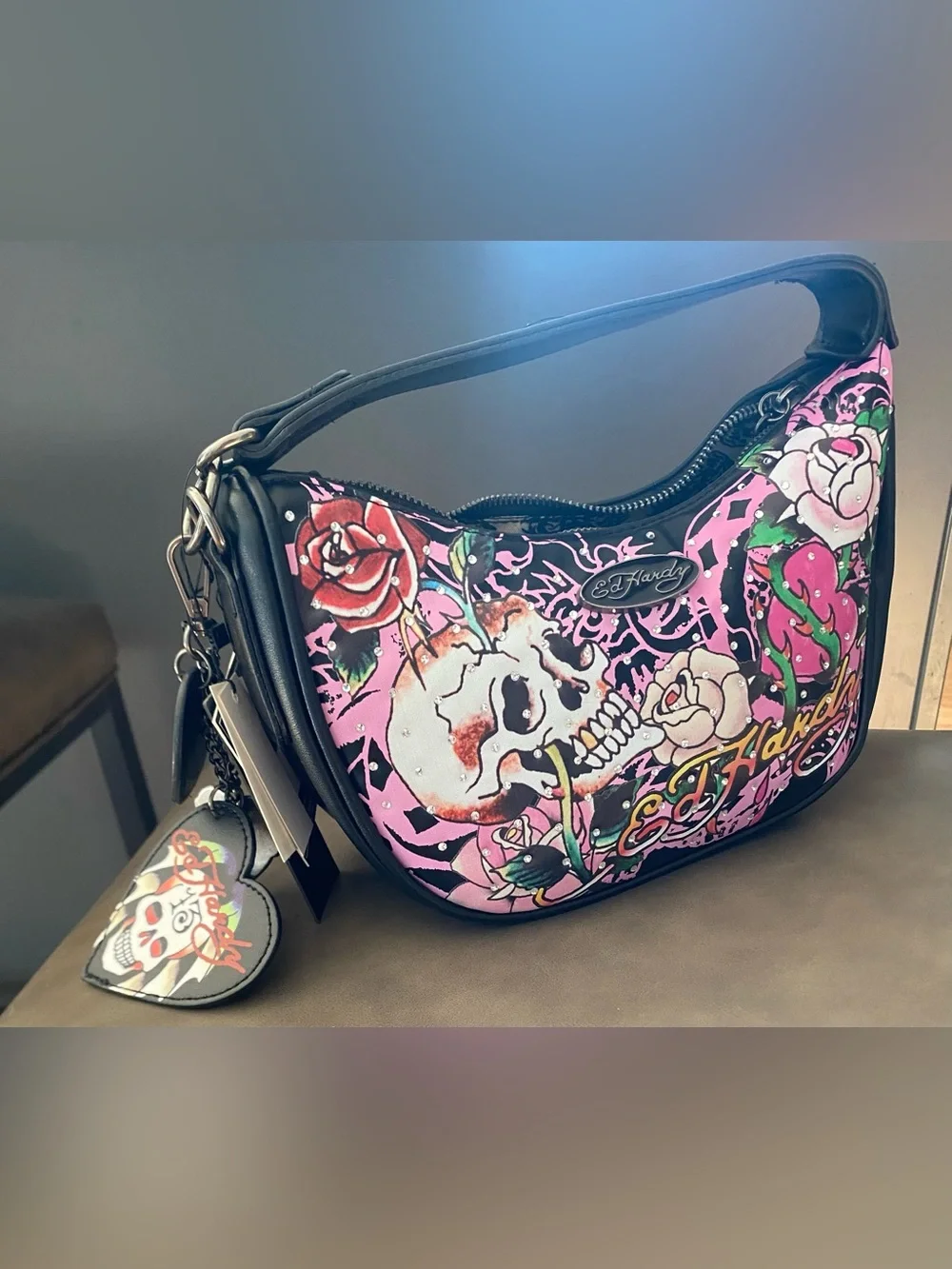 Ed Hardy Y2K slouchy Skull & Rose Crystal Studded Hobo Shoulder bag